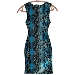 Naked Wardrobe NWOT Size XS Mini Dress Racer Neck Blue Snake Print Crepe Pull On